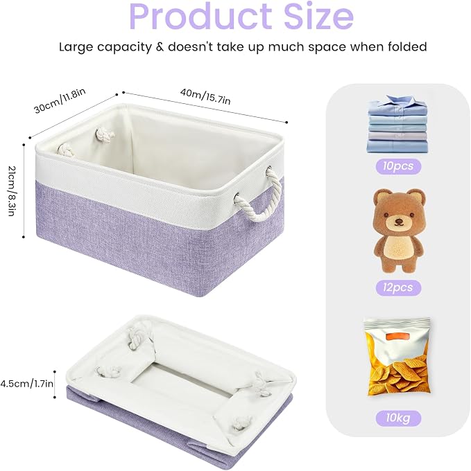 Large Storage Baskets- 15.7x11.8x8.26 inch Storage Bins for Shelves and Closet Organizing, Foldable Fabric Bin for Home Organization Clothes and Laundry (3-Pack, White&Purple)