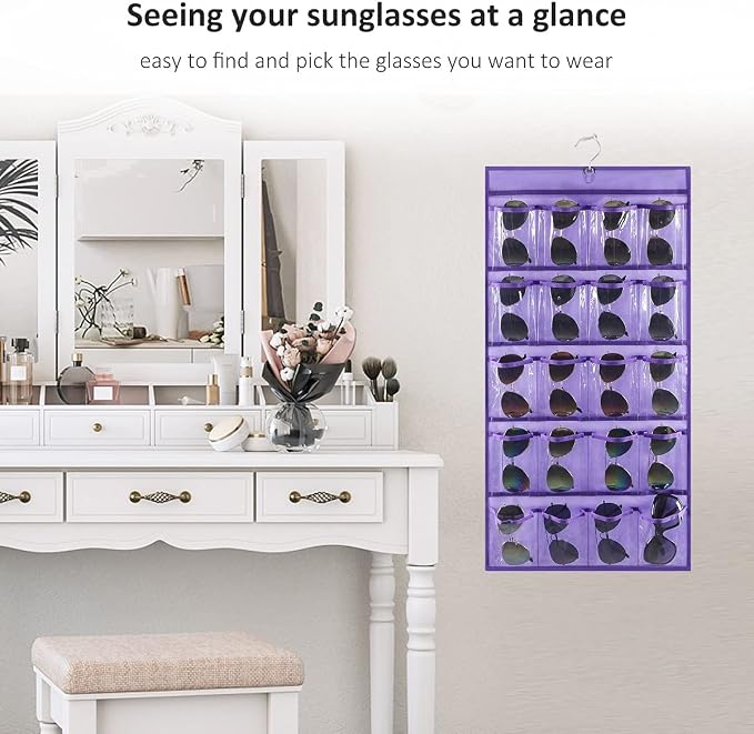 Dual Sided Hanging Sunglasses Organizer Storage Wall Mounted Eyeglasses Holder Eyewear Display Case with 40 Clear Slots (40 Pockets-Purple)