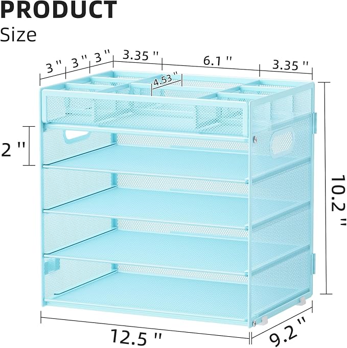 Marbrasse 5 Tier Paper Organizer Letter Tray, Mesh Desk File Organizer with Handle, Paper Sorter Desk Organizer for Home Office Supplies - Blue, Adjustable