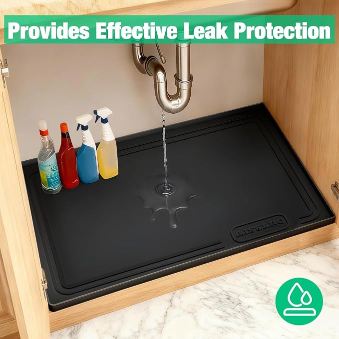 Aisslro Under Sink Mat 22" X 19", Waterproof Silicone Cabinet Organizer Protector with Raised Edge, Kitchen & Bathroom Leak Tray, Shelf Liner & Pet Feeding Mat for Dog Cat Food Mats, Black