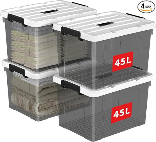 Cetomo Lidded Storage Bin with Handle, Tote Organizing Container with Durable Lid and Secure Latching Buckles, Stackable and Nestable, Plastic, 50 Quart-4 Pack, Clear Black