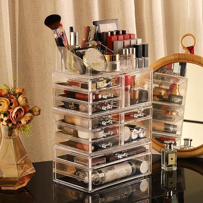 Cq acrylic 4 Pack Clear Skincare Organizer for Vanity,Stackable 11 Drawers Make Up Organizer,Cute Cosmetic Organizer for Vanity Jewelry,Hair Clip,Beauty,Skincare Product Dresser Acrylic Desk Organizer