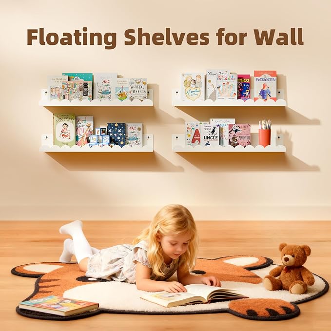 Nursery Book Shelves,Kids Bookshelf and Toy Storage,17 Inch Metal Floating Shelves Set of 4,Wall Shelves for Bedroom, Kids Room,Bathroom,Kitchen,Playroom Decor,Nursery Decor (White Metal, 17 inch)