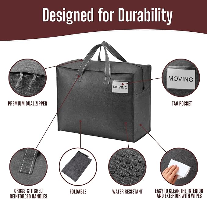VENO 4 Pack Heavy Duty Moving Bags, Storage Bags, Packing Supplies, Top Zipper, Storage Totes for Camping, Clothes, Bedding, Comforters, Pillows (13 Gallon Dark Gray, 4 Pack)