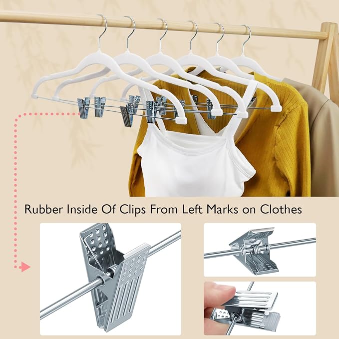 ManGotree Pants Hangers with Movable Clips, Non-Slip Velvet Skirt Hangers, Space-Saving Clothes Hangers for Pants, Skirts, Shirts, Coats, Dresses (32 Pack, White)