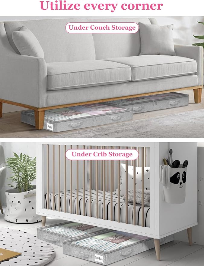3-Inch High Under Bed Storage Containers, Low Profile Underbed Bins, NO RIGID STRUCTURE, Foldable Clothes Storage Organizer w/Lid & Zipper, Shallow Storage for Low Beds, Couches & Cribs, 2-Pack, Gray