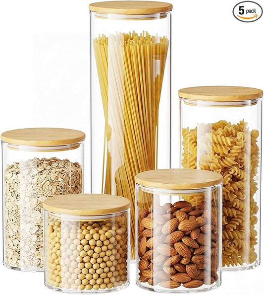 OneDream Glass Container - 5 Pack MultiSize Glass Jars with Bamboo Lid, Bamboo Lid Storage Jar Canister for Coffee Beans, Cereal, Pasta, Flour, Tea, Nuts, Candy, Salts and More