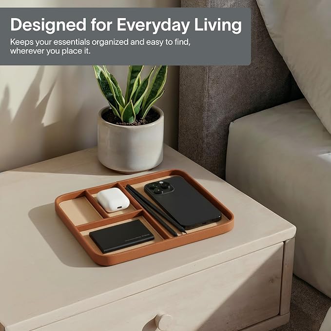 Nordik Leather Valet Tray - Sand Brown - 9.5 x 7.9 Inch Medium Vegan Leather Tray - Stylish Nightstand Organizer for Men - Modern Bedside Caddy - EDC Catchall for Key Watch Wallet Jewellery