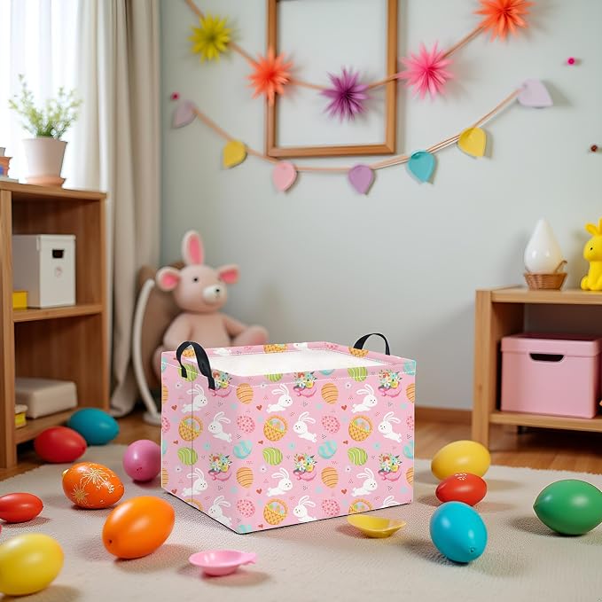 Rectangular Easter Basket for Home Kitchen Baby Girls Basket Cute Storage Bin Organizer Shelf Book Room Decor(Pink Bunny Egg)