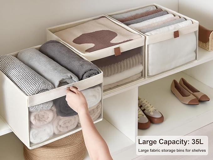 StorageWorks Closet Storage Bins, Extra Large Storage Baskets with Clear Window and Handles, Foldable Fabric Organizer for Clothes, Shelves, Beige, 3 Pack