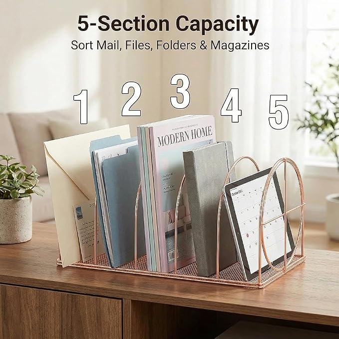File Sorter Organizer, 5 Section Magazine Holder Rack, Desktop Round Wire Book Stand for Mail, Paper, Document, Folder, Record and Desk Accessories, Rose Gold