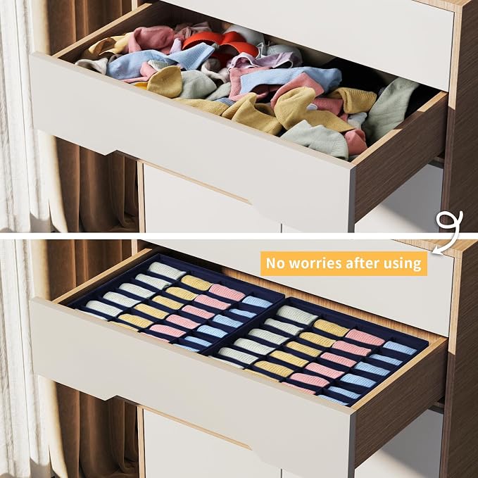 joyoldelf Sock Organizer Drawer Organizer - 2 Packs Underwear Organizer,24 Cells Collapsible Closet Organizers and Storage Sock Holders Organizers for Storing Socks, Ties, Belts(Navy Blue)