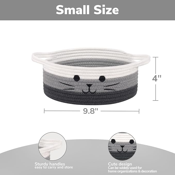 Cute Cat Toy Basket, Small Woven Basket for Organizing Living Room, Decorative Gift Baskets for Baby Shower, Pet Toys Storage, Mixed & Gray, 9.8 x 4 inches