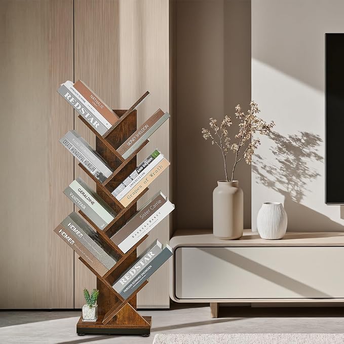 ruboka 9-Tier Tree Bookshelf Storage Organizer Display Rack | Floor standing Bookcase, sturdy wood, space-saving. Ideal Book Shelf for living room, bedroom, office. Holds magazines, CDs.