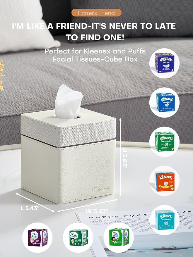 Tissue Box Holder Cover, Modern PU Leather Square Decorative Tissue Holder Organizer-Woven New Off White