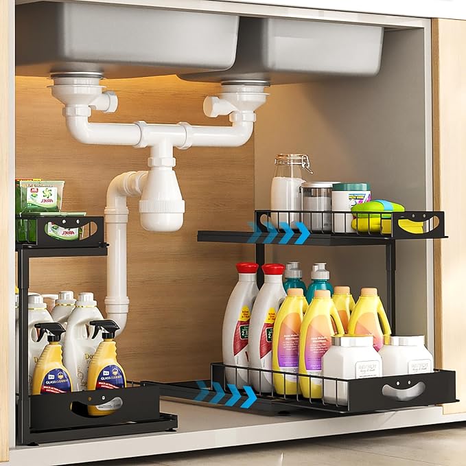 FILTA Under Sink Organizer, Metal Pull Out Cabinet Organizer, Under Sink Storage for Kitchen Bathroom Cabinet