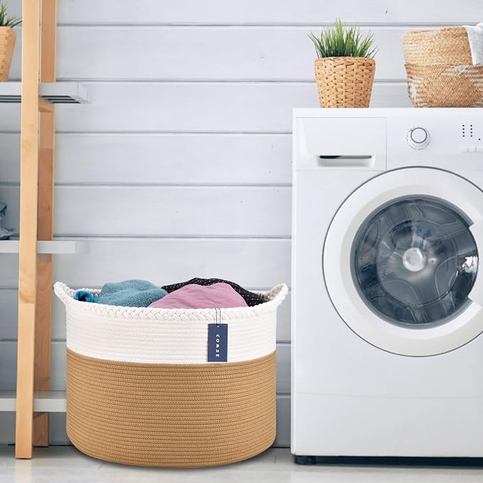 COMSE Extra Large Blanket Basket, Woven Laundry Basket, 21.7”x 13.8”, Nursery Hamper, Cotton Rope Laundry Hamper Living Room for Storage Toys Clothes Towels(White & Camel)