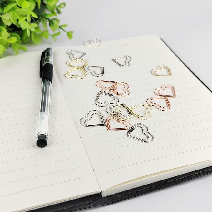 100 pcs Cute Paper Clips Suitable for Children Ladies Wedding Decoration Document Notes Organization Office Supplies Heart Paper Clips (Gold)