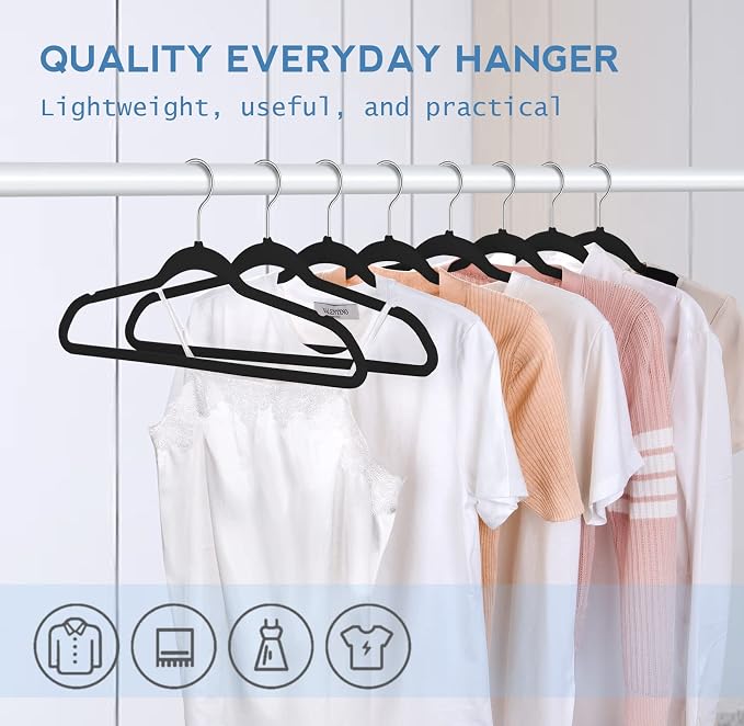 TIMMY 50 Pack Velvet Hangers, Non-Slip Ultra-Thin Space-Saving Suit & Coat Hangers with 360° Silver Swivel Hook - Hold 10 lbs, for Blazers, Dresses & Pants (Black/Silver, 17.7 in)