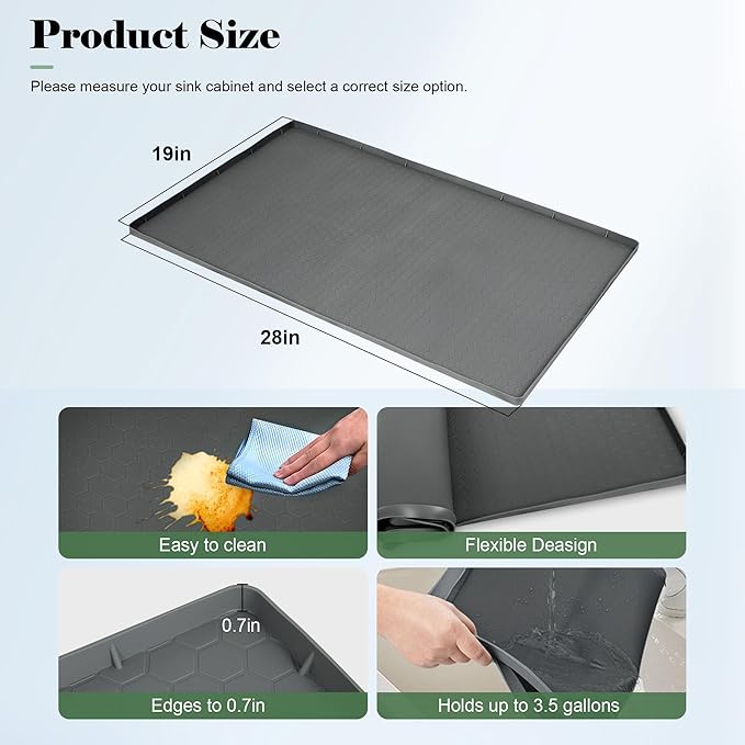 25” x 19” Silicone Under Sink Mat for Bathroom/Kitchen Cabinet Organizer Mat | Leak-Proof Waterproof Liner Pad & Anti-Spill Tray | 0.7in Edge Barrier, 3.5Gal Capacity