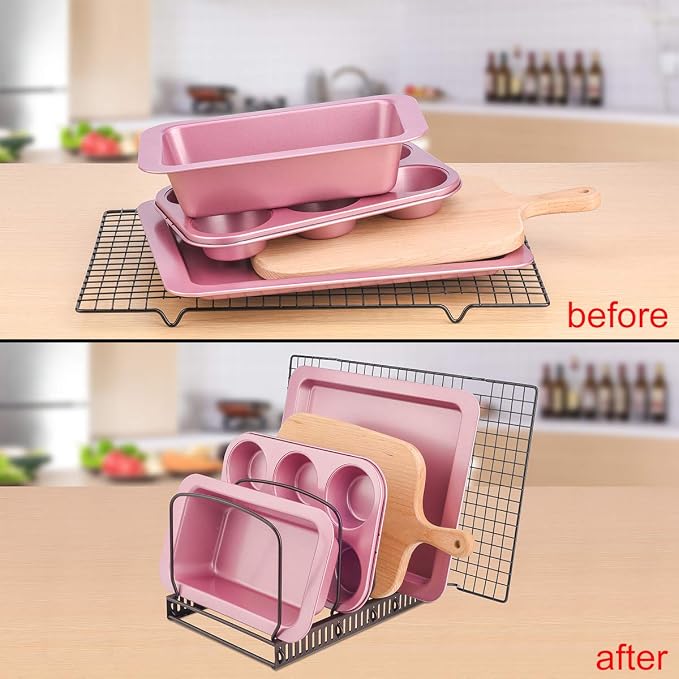 Toplife 10+ Bakeware Organizer Rack for Kitchen Bakeware, Cookware, Dinnerware, Cutting Boards, Plates, Pot and Pan Lids (Brown)