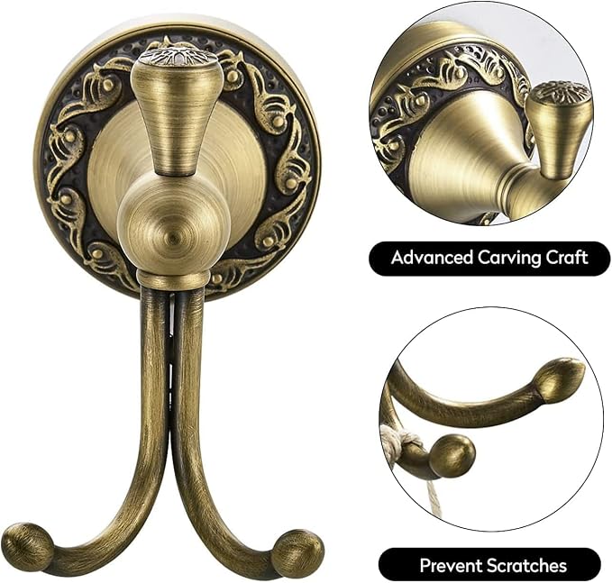 Leyden Antique Brass Towel Hook, Bathroom Robe Hooks, Brushed Double Coat Clothes Hanger Hook Vintage Style Wall Mounted
