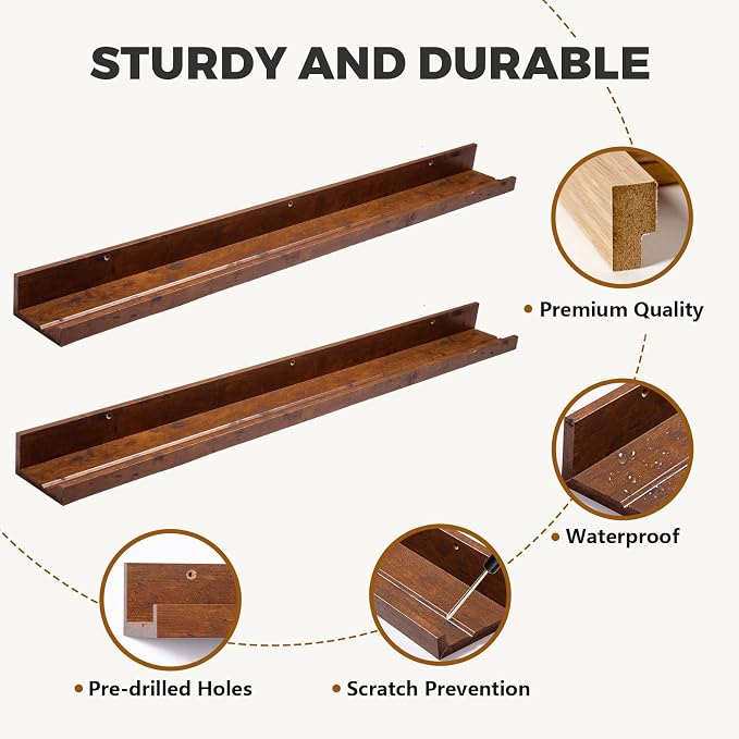 Muzilife 45.3" Large Floating Wall Ledge Shelves with Lip - Set of 2 Rustic Wood Floating Shelves - Honey Wall Mounted Picture Ledge for Office, Bathroom, Bedroom, Living Room, Kitchen