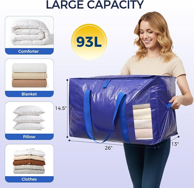 BAGAIL Heavy Duty Moving Bags with Strong Handle, Extra Large Moving Boxes, Storage Tote for Clothes, College Moving Supplies(12 Pack, Blue-windows)