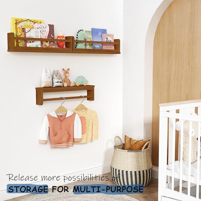 Harwaya Floating Nursery Book Shelves Wall Mounted, Wooden Wall Bookshelf for Kids Room, Dark Wood Hanging Book Shelf for Baby Toddler Childrens Bedroom (24 Inch, Walnut Brown, Set of 3)