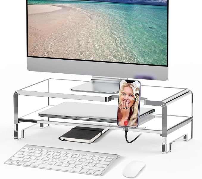 Acrylic Monitor Stand Riser L16''xW7.5''xH4.7'' 2-Tier Acrylic Laptop Stand Clear Computer Stand Laptop Riser with Storage Desk Organizer Accessories for Home and Office
