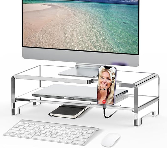 Acrylic Monitor Stand Riser L16''xW7.5''xH4.7'' 2-Tier Acrylic Laptop Stand Clear Computer Stand Laptop Riser with Storage Desk Organizer Accessories for Home and Office
