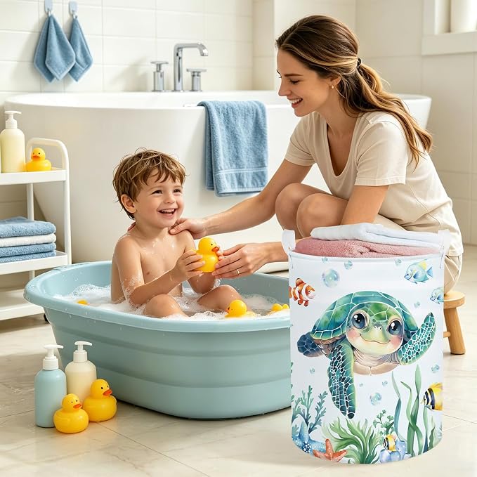 Clastyle Large Fish Sea Turtle Baby Basket Ocean Coral Seaweed Starfish Toy Book Shelf Basket Waterproof Pool Toy Beach Towel Storage Bin Collapsible Dirty Clothes Hamper, Blue, 36 * 45 cm