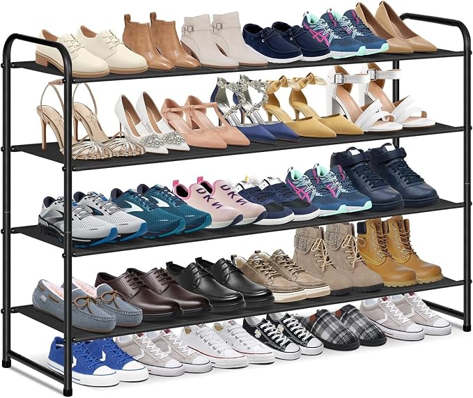 KIMBORA 4 Tier Long Shoe Rack for Closet Floor, Wide Shoe Shelf Storage Organizer 30-Pairs Stackable Sneaker Organizer for Closet, Bedroom (Black)