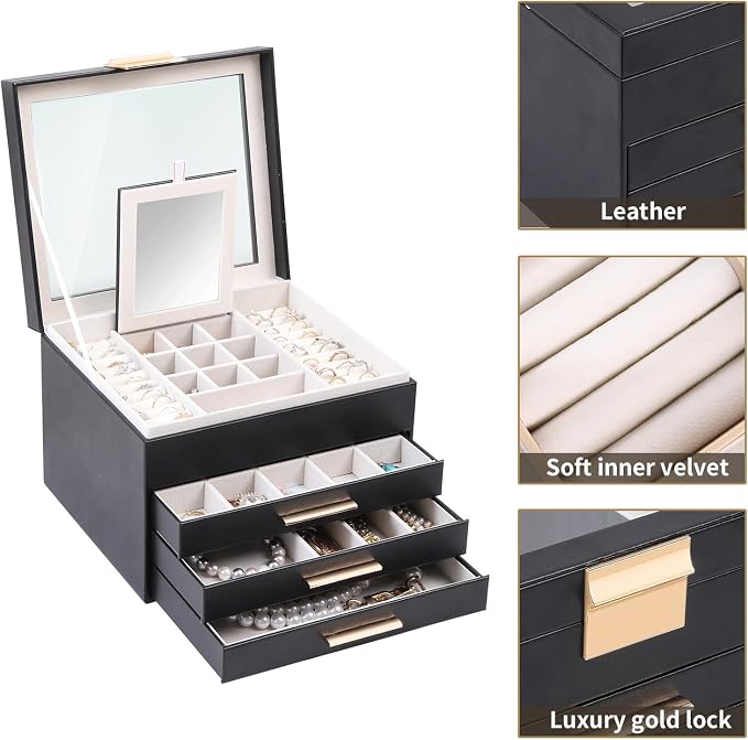 BOOVO Clear Lid Jewelry Box,3 Layers Jewelry Organizer Large Jewelry Storage Box with 2 Drawers,Jewelry Holder Organzier of Rings Earrings Necklace Bracelets for Women (Black, 4 Layer)