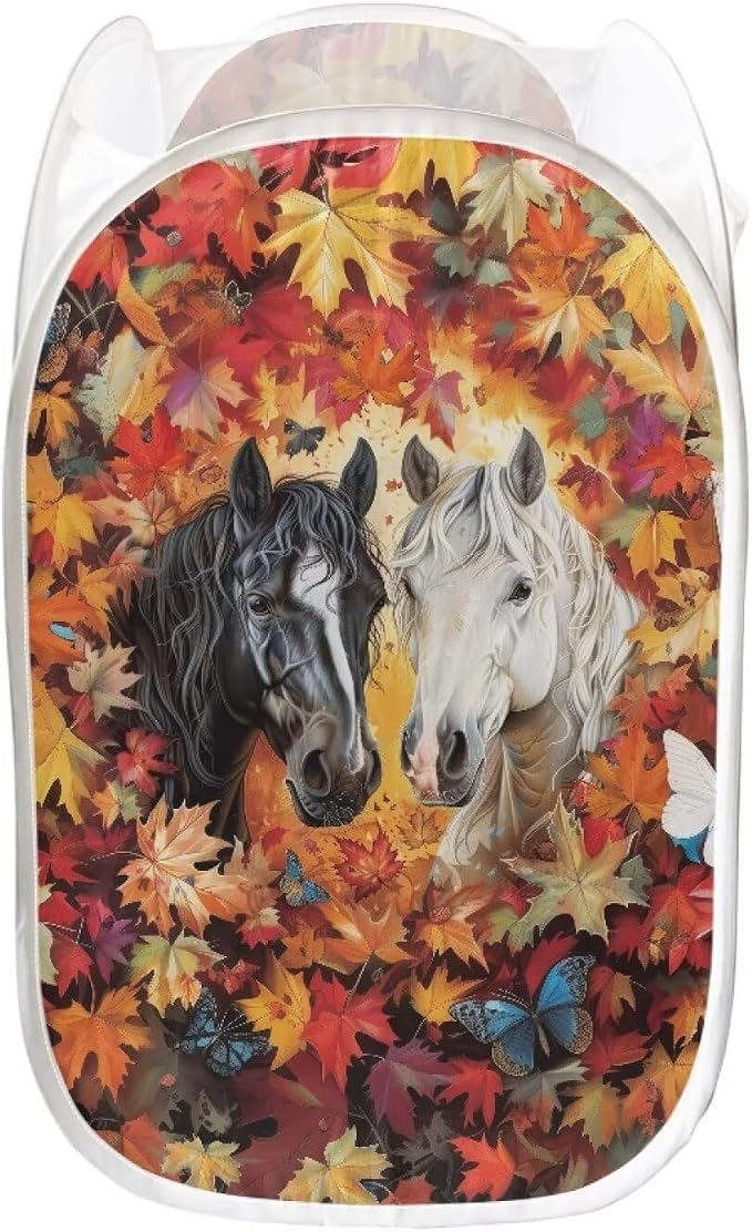 AFPANQZ Maple Horse Pop-Up Laundry Hamper with Side Pocket Mesh Fabric Collapsible Design for Clothes Laundry Home Organization Foldable Nursery Hampers 61L
