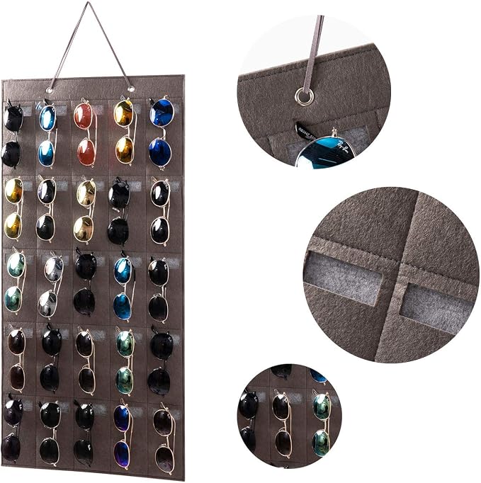 Sunglasses Organizer Storage- Hanging Eyeglasses Wall Pocket Mounted,Eyewear Display,25 Slots (Black, Large)