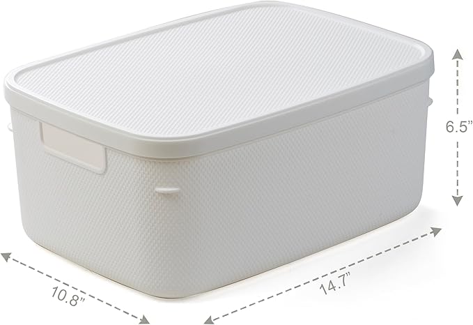 BINO | Plastic Storage Bins with Lids, 13 Liter - 3 Pack, White | THE TWILL COLLECTION | Plastic Bins for Organization | Woven Storage Baskets for Organizing | Pantry Shelf Organizer Basket Bin