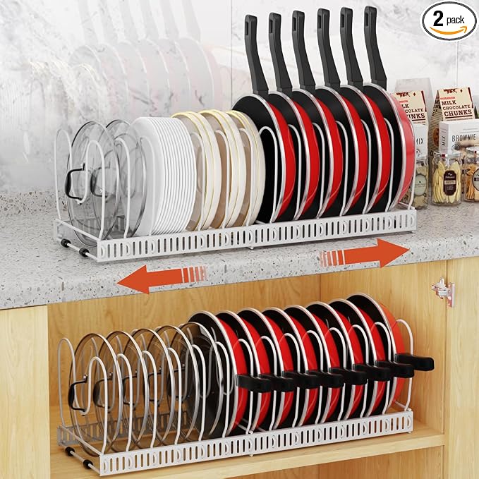 Housolution 2 Pack Pot and Pan Organizer, 12"-23" Expandable Pot Lid Organizer with 14 Adjustable Dividers, Pan Lid Holder Storage Rack for Cabinet, White