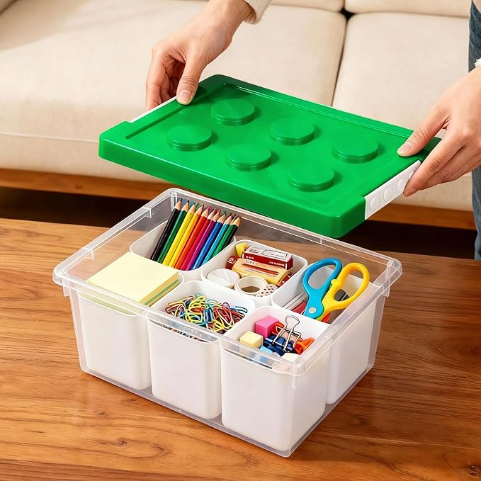 Plastic Storage Bins with Lids, Art Craft Supply Organizer Box with Brush Pot, Multipurpose Stackable Storage Containers for Organizing Tool, Craft, Crayon,Sewing (Green)