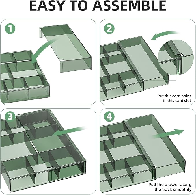 Marbrasse Expandable Desk Drawer Organizer, Clear Plastic Drawer Organizer Tray with 10 Adjustable Compartments, Desk Organizers and Accessories, 5 Drawer Dividers for Office Supplies(Clear Green)