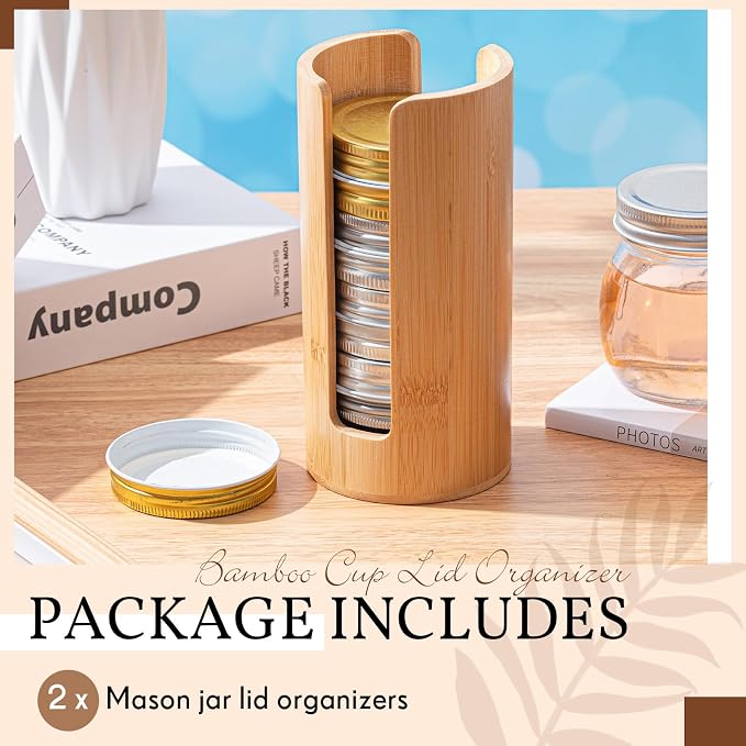 Suclain 2 Pcs Mason Jar Lid Organizer (Only for Regular Mouth) Bamboo Vertical Mason Jar Lid Storage Accessories Tumbler Lids Holder Cup Lids Organizer for Home Kitchen Countertop Cupboard