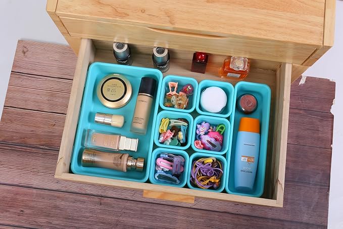 Kutesna 15 PCS Interlocking Desk Drawer Organizer Separator for Office,Bathroom,Kitchen,Makeup（Blue&Green）