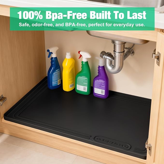 Aisslro Under Sink Mat 31" X 22", Waterproof Silicone Under Sink Mats for Kitchen, Anti-Leak Shelf Liner & Cabinet Protector with Raised Edge, [BPA Free] Bathroom Tray Home Organizer, Black