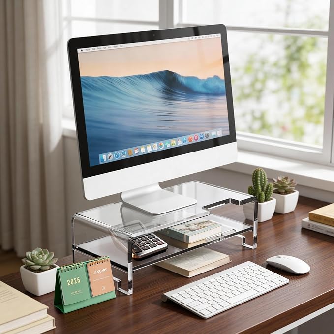 Acrylic Monitor Stand Riser L16''xW7.5''xH4.7'' 2-Tier Acrylic Laptop Stand Clear Computer Stand Laptop Riser with Storage Desk Organizer Accessories for Home and Office