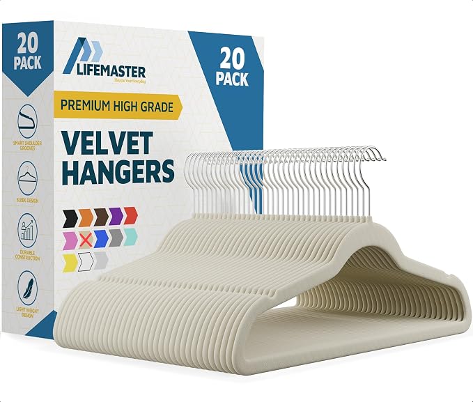 Lifemaster Velvet Non-Slip Hangers - 20 Pieces Non-slip Coat Hanger Set with 360° Swivel Hook, Space-Saving, Sleek Design, Keep Closet Organized, Smooth Velvet Finish, Lightweight Construction - Ivory