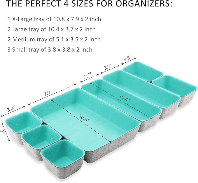 Newthinking Desk Drawer Organiser Trays, 8 Pack Square Organizer Box Stackable Dividers, Save Desk Space Dividers Box for Home Office Cosmetics Storage Boxes (Teal)