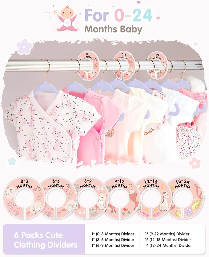 VIS'V Velvet Baby Hangers with 6 Pcs Size Dividers, 11 Inch, Purple, 50 Pcs | Compact Size, Non Slip, Infant Toddler Nursery Closet Organization