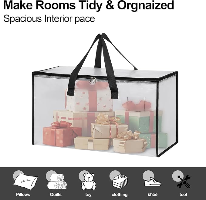 6 Pack Extra Large Heavy Duty Clear Moving Bags with Reinforced Zippers & Wide Carry Handles, See-Through Storage Totes for Clothes Packing, Dorm Moves & Home Organization