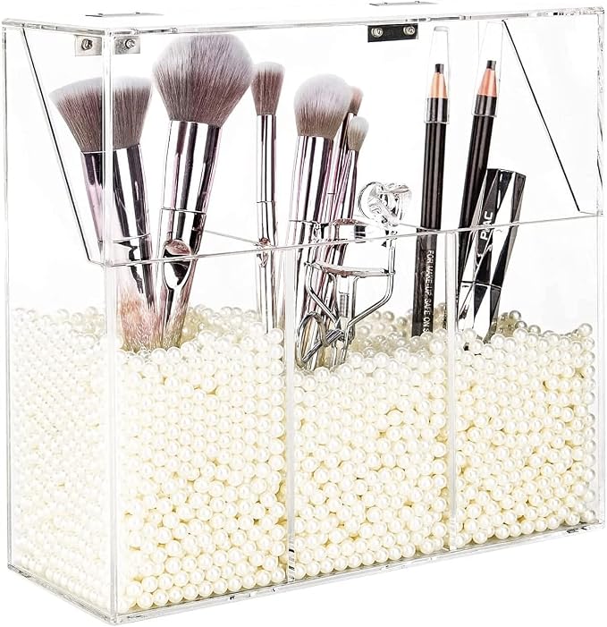 YestBuy Clear Makeup Brush Holder, Acrylic Makeup Brush Organizer For Vanity, Cosmetic Brush Storage Box with Pearls, For Bathroom, Bedroom, Vanity Countertop