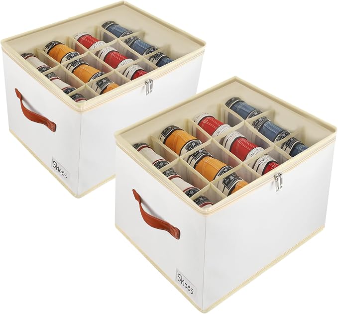 Patinao 2 Pack Shoe Storage Box Organizer for Closet - 24 Cell Space Saver Shoes Containers Bin with Clear Lids Stackable, Can Fit Ottoman, Foldable Shoe Rack Cabinet Cubby for Wardrobe